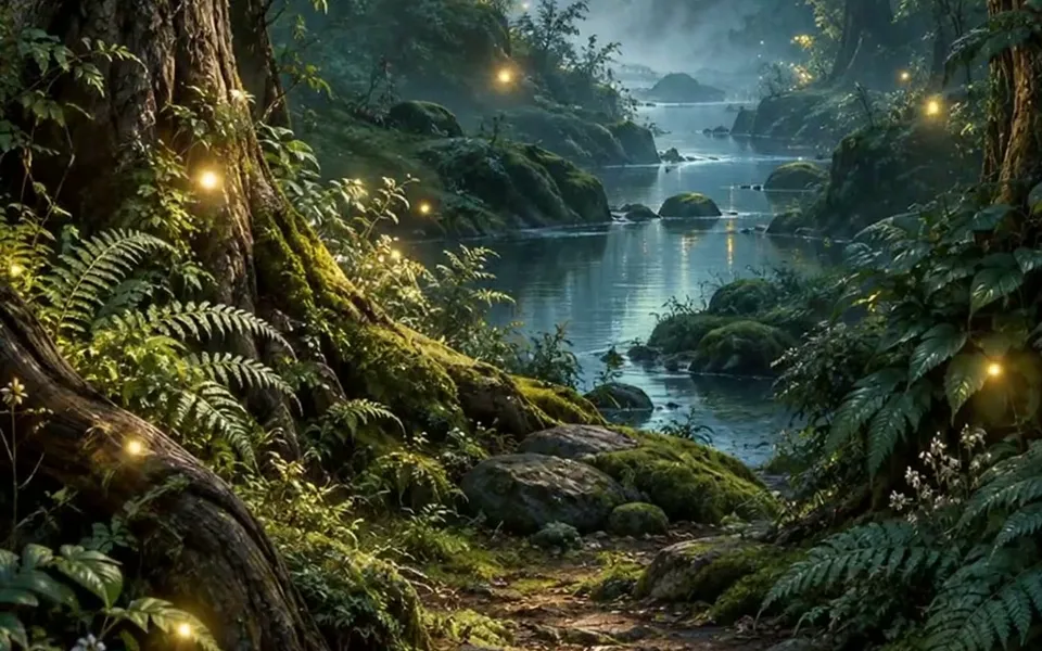 暖暖英文的「螢火森林」動態背景：夜晚森林與溪流，點點螢火